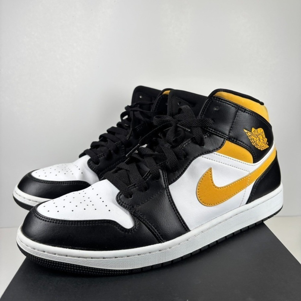 Air Jordan 1 Mid White/Pollen Black Men's US 13 University Gold Shoes 554724-177